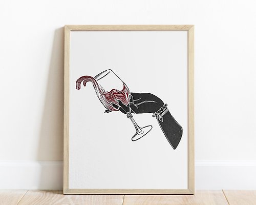 daashart Linocut print Black woman hand with glass of red wine wall art Bar kitchen decor