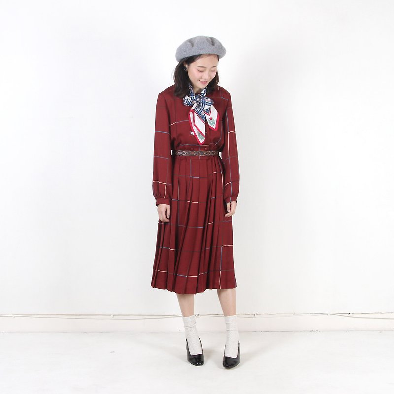 Vintage】 【egg plant Spring magenta printed vintage dress - One Piece Dresses - Polyester Red