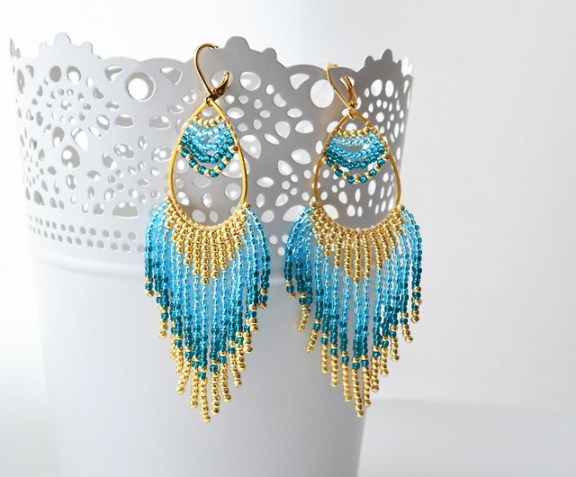 Gold Beadwork Turquoise Dangle Earrings, Teal Gold Chandelier Earrings