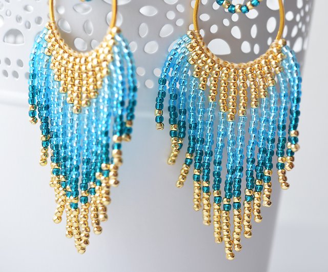 Gold Beadwork Turquoise Dangle Earrings, Teal Gold Chandelier Earrings