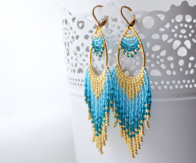 Gold Beadwork Turquoise Dangle Earrings Blue Ombre Chandelier Puppycatjewelry Clip Ons I Gold Beadwork Turquoise Dangle Earrings, Teal Gold Chandelier Earrings
