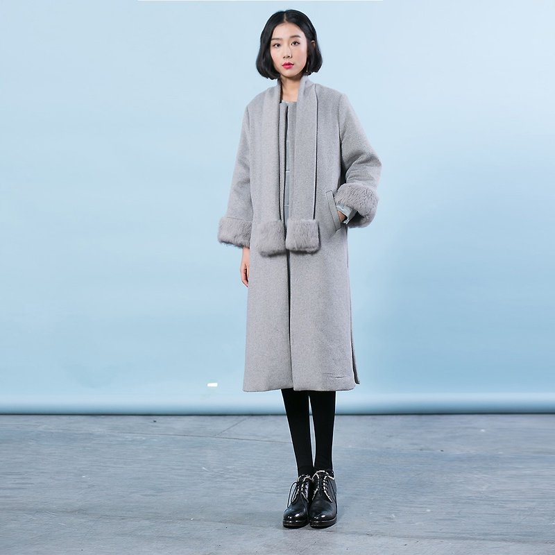 Anne Chen 2016 winter new scarf collar wool coat female fight rabbit hair long section coat coat - เสื้อแจ็คเก็ต - ผ้าฝ้าย/ผ้าลินิน สีเทา