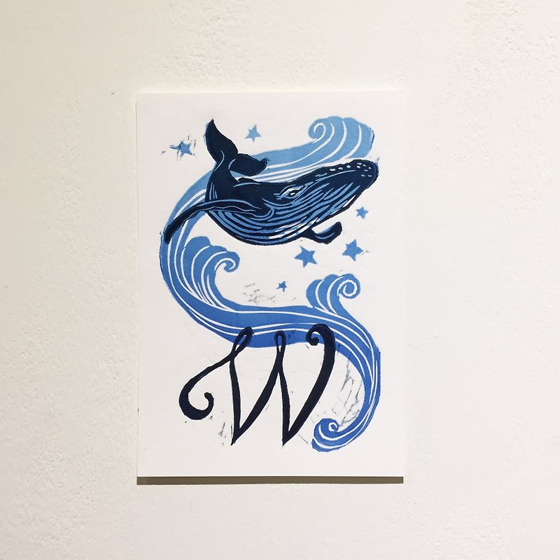 W is for Whale hand-printed postcard whale abc letter postcard - การ์ด/โปสการ์ด - กระดาษ สีน้ำเงิน