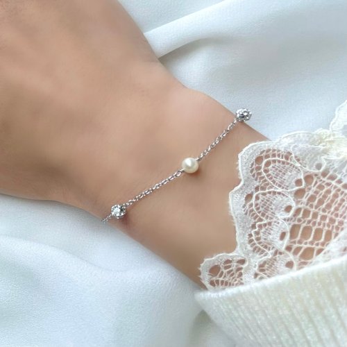 kiitos 淡水パール と CZ ダイヤ 輝く ステーション チェーン ブレスレット 金屬アレルギー 対応/サージカルステンレス/14k 珍珠