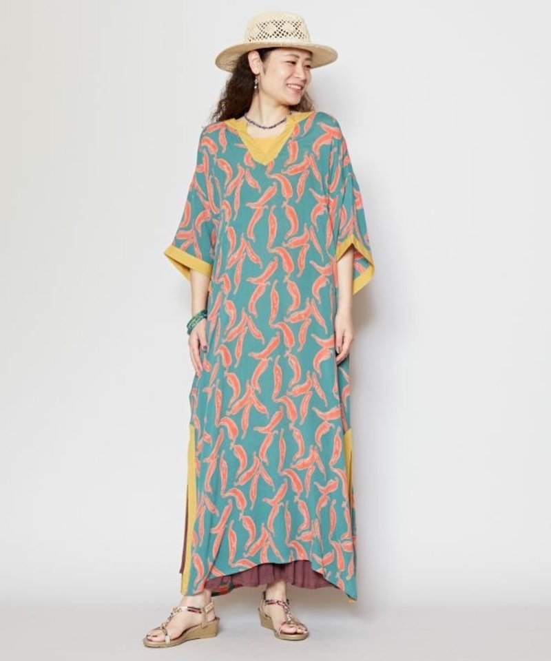 [Popular Pre-order] Mexican crepe print contrasting color half-breasted dress (4 colors) IDS-4120 - One Piece Dresses - Cotton & Hemp 