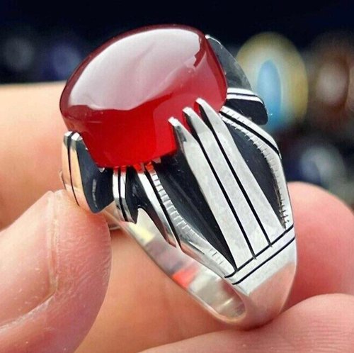 gemsjewelrings Yemeni Aqeeq Ring For Men, Natural Agate Ring With 925 Sterling Silver, Oval Cut