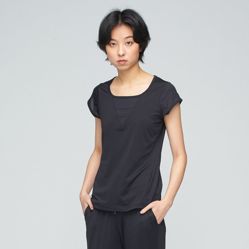 抗菌吸排拼接修身上衣(女)-膠片黑 - 女 T 恤 - 聚酯纖維 黑色
