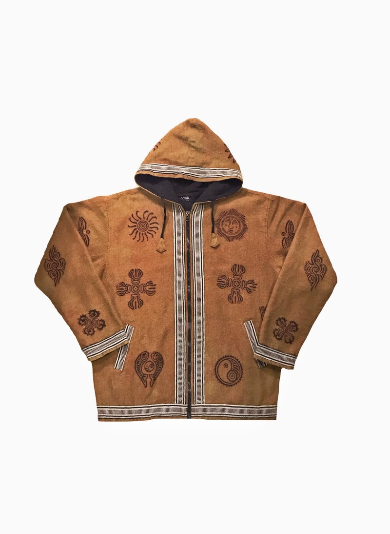 • 愛頭牌 •Vintage Pattern Crazy Jacket 尼泊爾手工印刷連帽 - 男夾克/外套 - 棉．麻 咖啡色