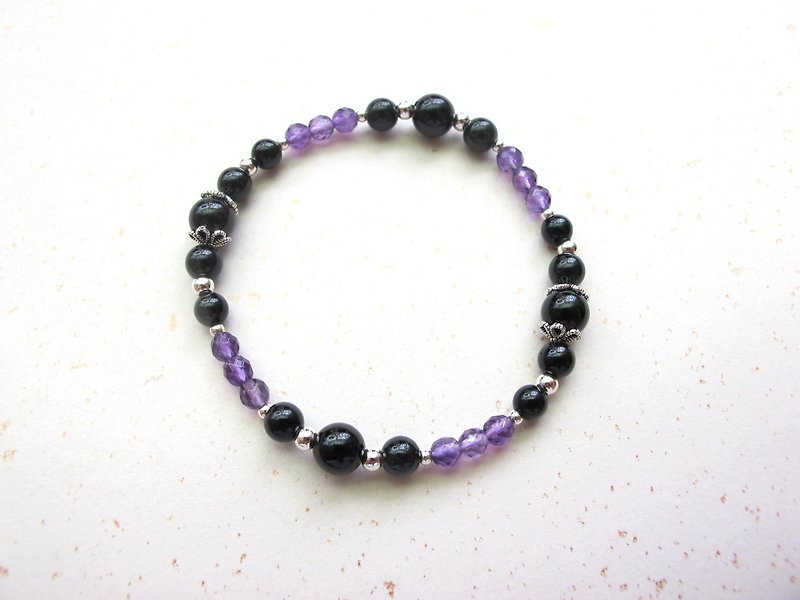 Amethyst Black Tourmaline 925 Silver[Light-in-the-Night] Eliminates stress, improves health, wards off evil and attracts wealth - สร้อยข้อมือ - คริสตัล สีดำ