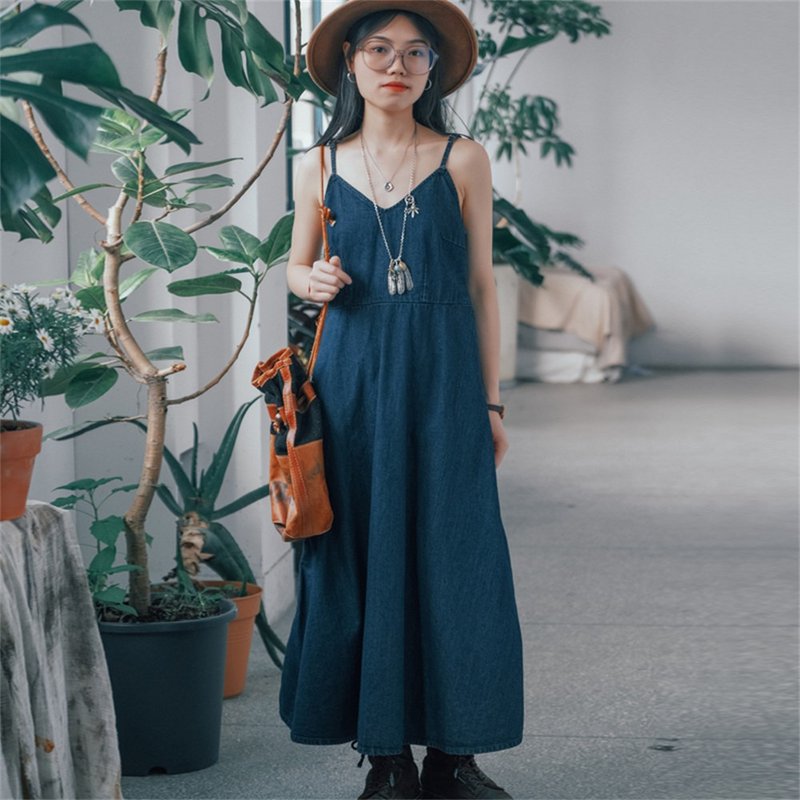 靛藍牛仔 嬉皮士 美式復古全棉靛藍牛仔洋裝 做舊吊帶裙 - 洋裝/連身裙 - 棉．麻 藍色
