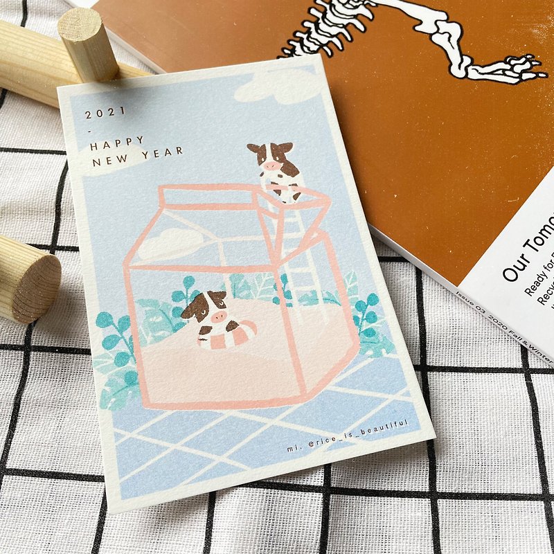 牛與牛奶 賀年卡 RISO孔版印刷 - 卡片/明信片 - 紙 藍色
