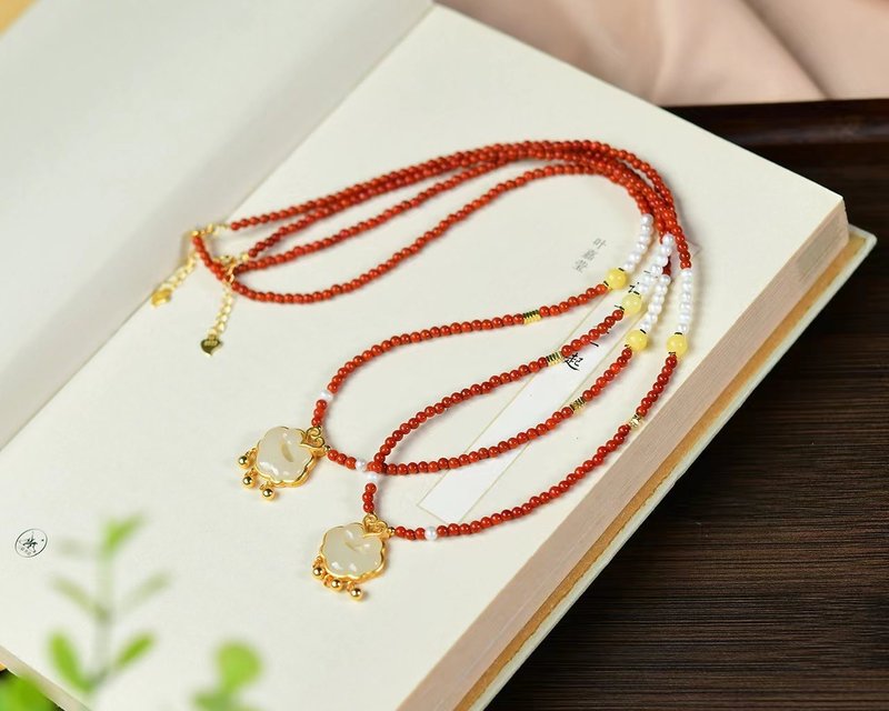 Natural South Ruby Ruyi Lock Sweater Necklace - Necklaces - Crystal 