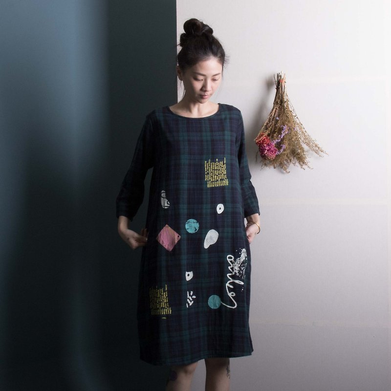 ロング格子縞のドレス - ワンピース - コットン・麻 グリーン