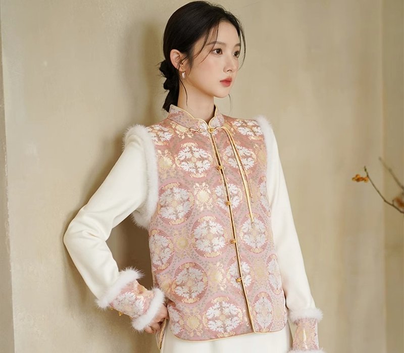 Auspicious New Chinese Retro Chinese Style New Year Top Vest - Women's Vests - Polyester Pink