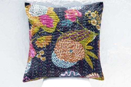 omhandmade 花朵刺繡抱枕套 純棉抱枕套 民族風抱枕套-法式風 時尚黑花朵森林