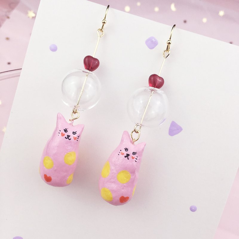 Pink cat love 18K earring pair of earrings - Earrings & Clip-ons - Clay 