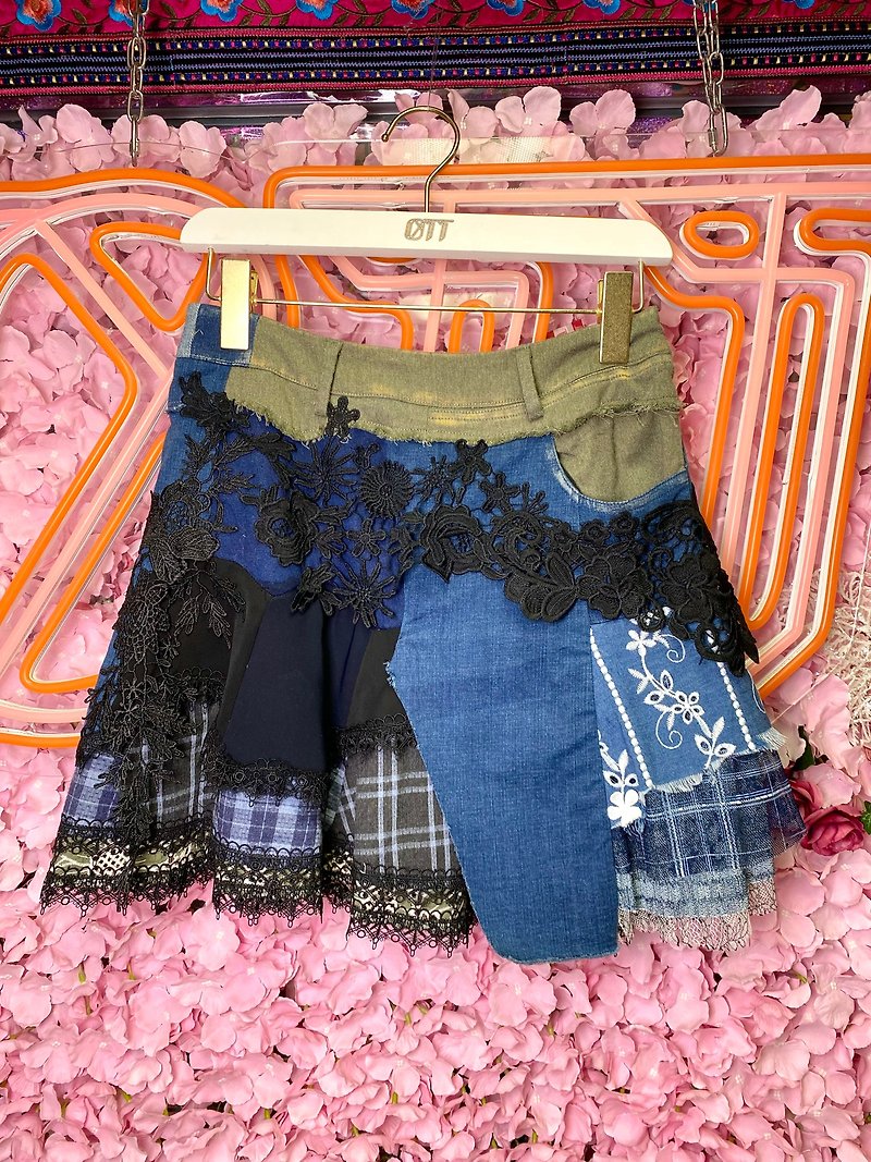 OTT Unique•Unique Japanese Teal, green and black washed denim embroidered lace checkered skirt - Skirts - Cotton & Hemp Blue