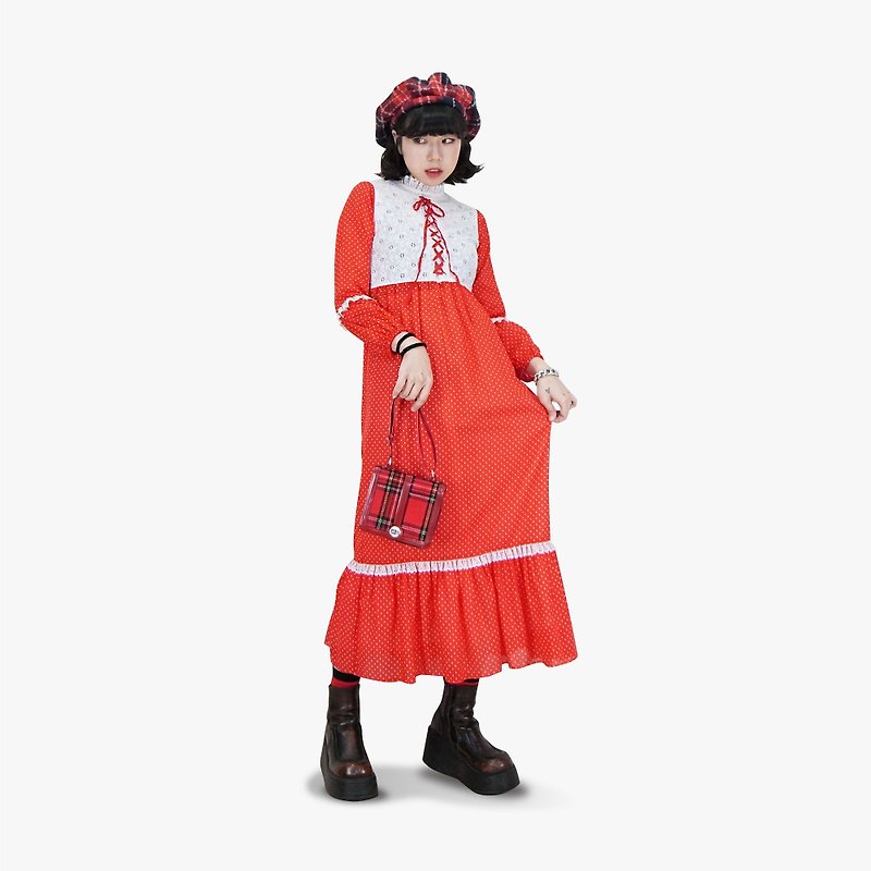 A‧PRANK :DOLLY :: European Red Jade Dot Lace Vintage Dress (D801022) - One Piece Dresses - Cotton & Hemp Red