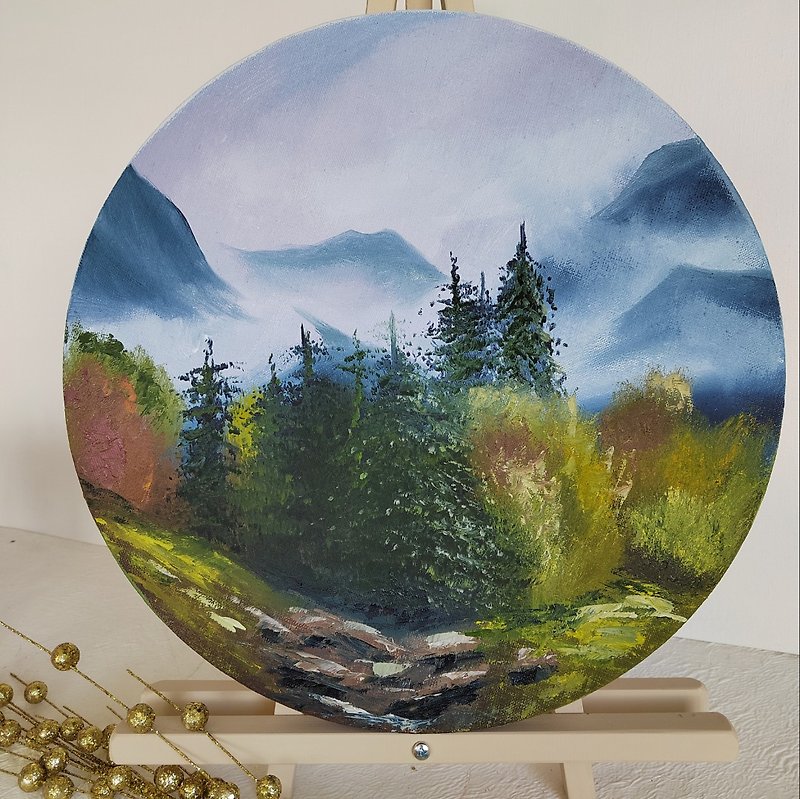 Mountains Painting Oil Round Foggy Morning Autumn Landscape Original Wall Art - 海報/掛畫/掛布 - 其他材質 多色