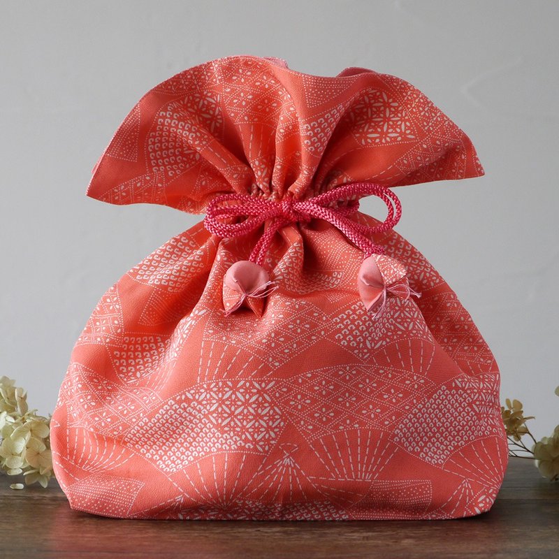 Kimono Silk Drawstring Happiness FUGURO Premium Fan Large Size - Toiletry Bags & Pouches - Silk Pink