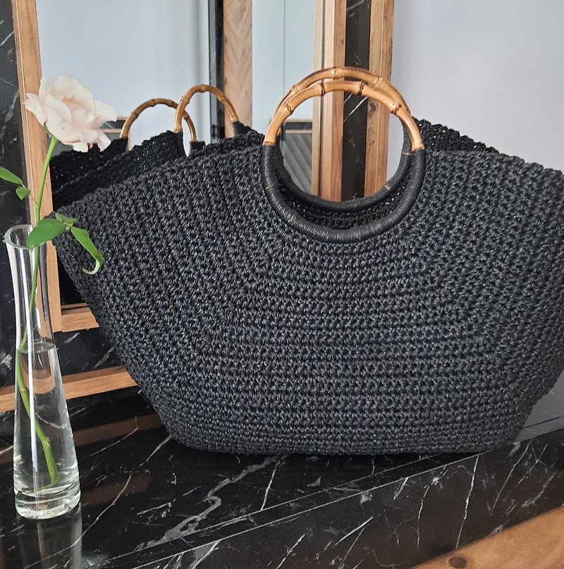 Large unique crochet beach bag with round bamboo handles - Handbags & Totes - Eco-Friendly Materials Black