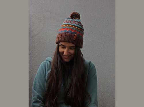 Nina's Art Space Fair isle brown hat, Bobble Beanie, handknit Pompom hat, warm winter hat, Nordic