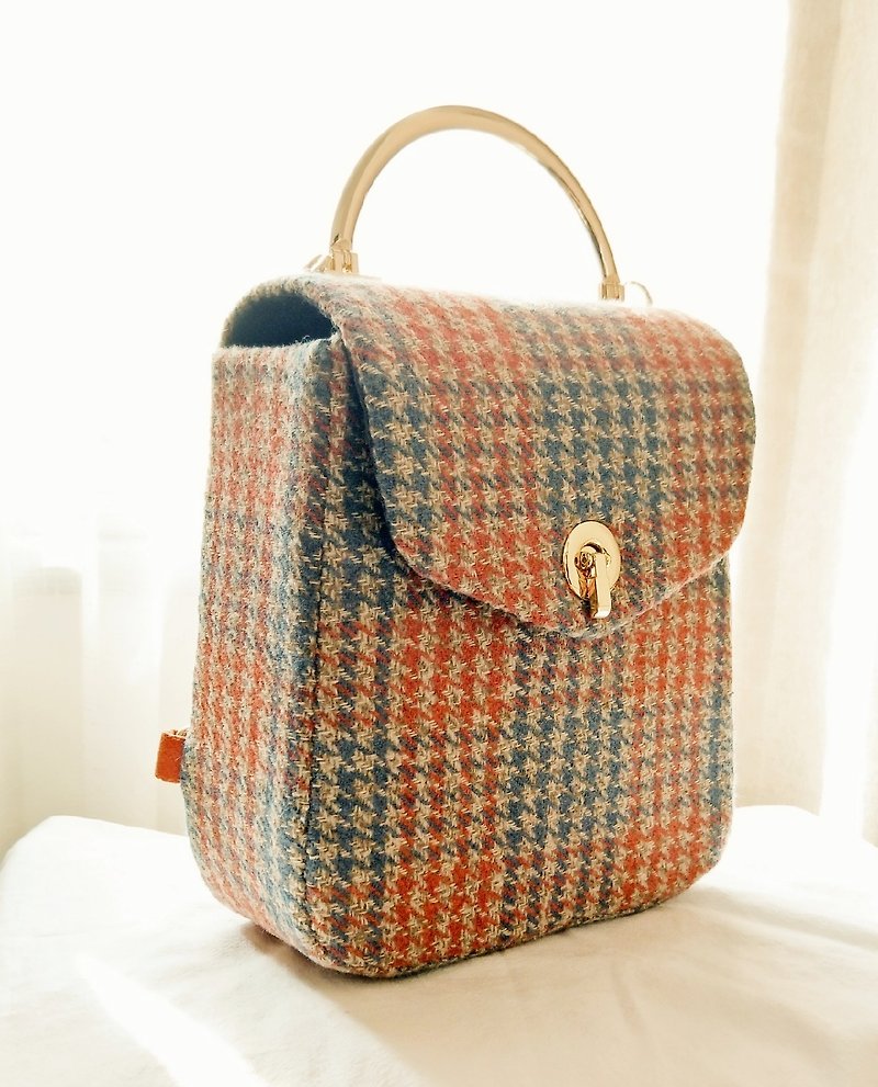 Wool Checked Handbag - กระเป๋าเป้สะพายหลัง - ผ้าฝ้าย/ผ้าลินิน สีแดง