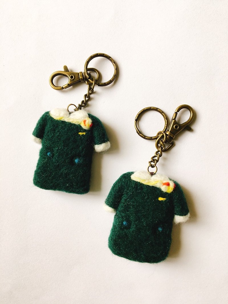 Evergreen flight attendant uniform wool felt key ring free embroidered words - Keychains - Wool Green