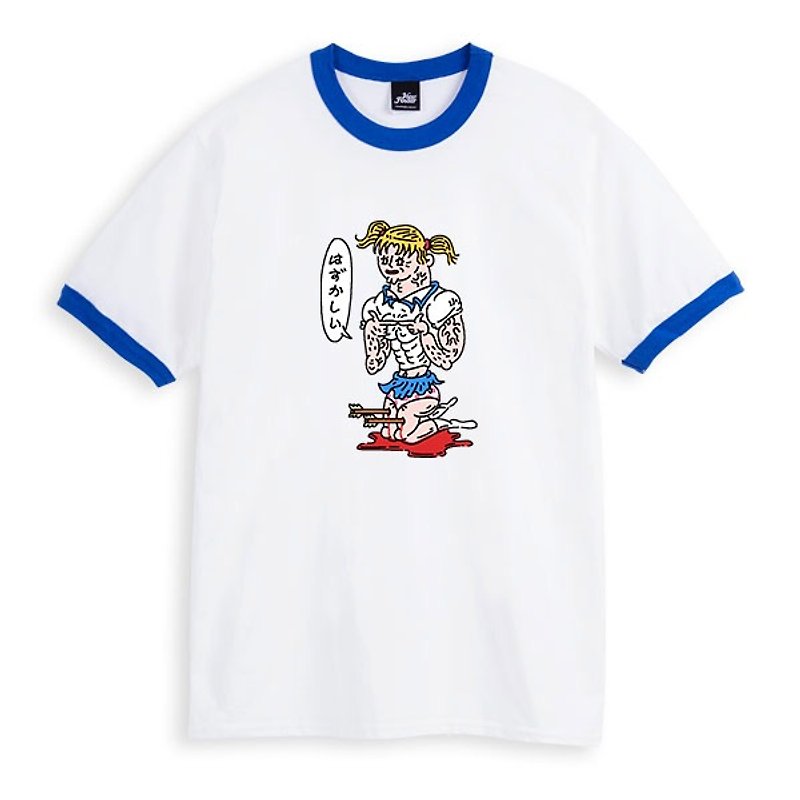 哈汁咖吸 - 滾邊白藍 - 中性版T恤 - 男 T 恤 - 棉．麻 白色