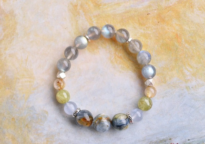 Labradorite + Stone+ green Stone+ titanium crystal + blue chalcedony sterling silver crystal bracelet - Bracelets - Crystal Gray