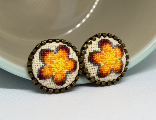 TomasCross 橙色花朵刺繡耳環最好的生日禮物圓形花卉耳環帶十字繡