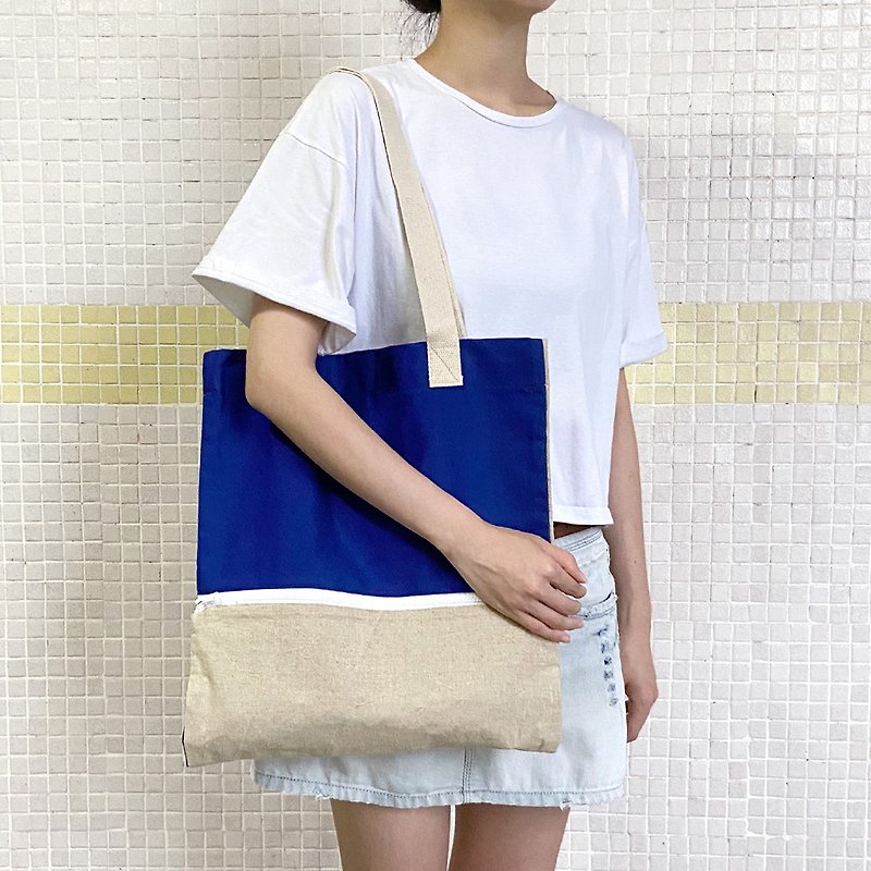 Size Adjustable Bag, Blue Tone, Handmade Tote Bag - กระเป๋าแมสเซนเจอร์ - ผ้าฝ้าย/ผ้าลินิน สีน้ำเงิน
