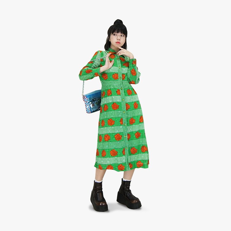 A‧PRANK：DOLLY ::緑色のバラVINTAGEレトロなフルーツのフルバージョンブレストのヴィンテージドレス（D710042） - ワンピース - コットン・麻 
