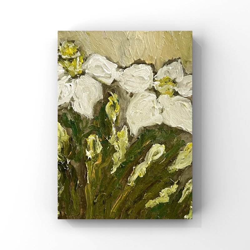 Original Daffodils Art Daffodil Oil Painting White Yellow Green Floral Wall Art - 海報/掛畫/掛布 - 其他材質 卡其色
