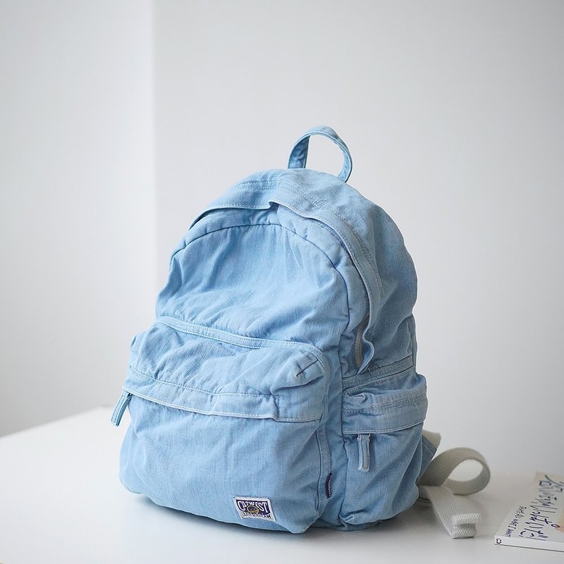 CATWEST design retro denim backpack women's backpack four seasons travel niche college student schoolbag - กระเป๋าเป้สะพายหลัง - ผ้าฝ้าย/ผ้าลินิน สีน้ำเงิน