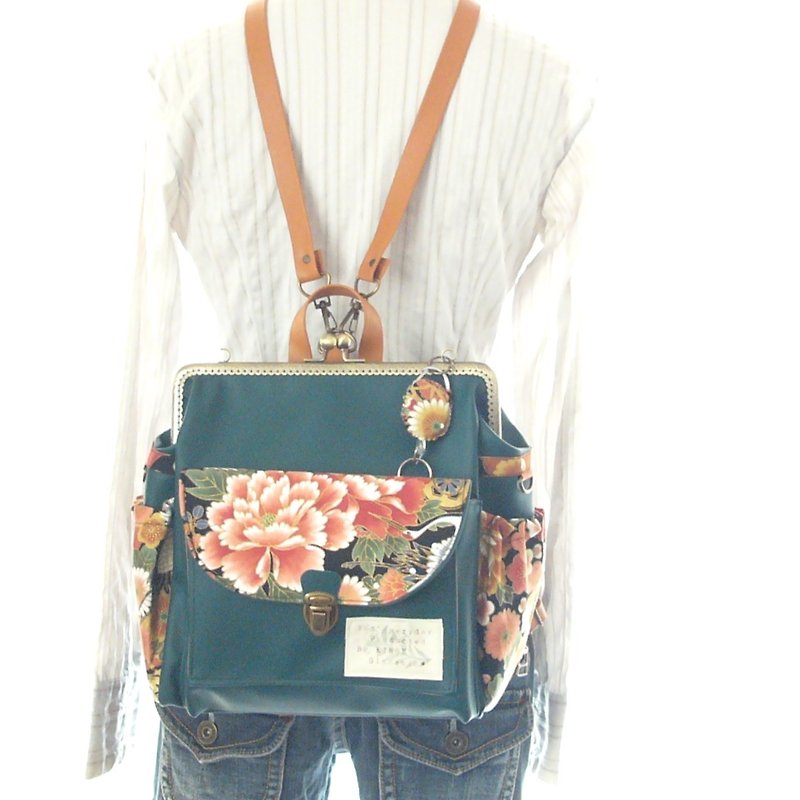 3 WAY back pocket & left zipper attaching rucksack full set Japanese pattern dar - 背囊/背包 - 真皮 綠色