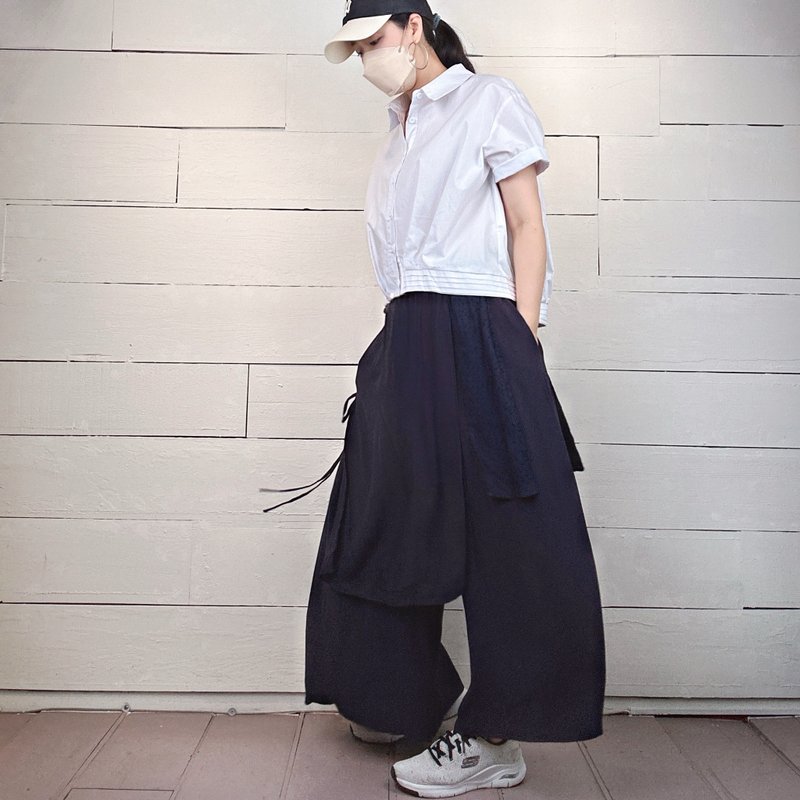 藍 -側綁帶拼色褲裙 #T2249 - 女長褲 - 棉．麻 藍色