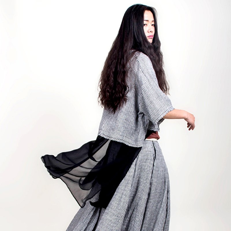 千鳥格亞麻真絲拼接假兩件開衫 - 女大衣/外套 - 亞麻 