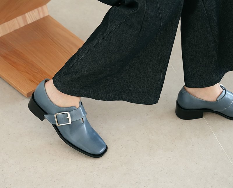 Re 35 Monk Strap Shoes - Blue Grey - รองเท้าหนังผู้หญิง - หนังแท้ สีน้ำเงิน