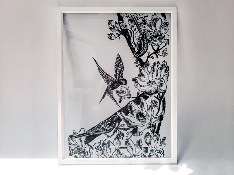 有機玻璃 linocut 印刷玉蘭花鳥牆藝術黑色植物 - 海報/掛畫/掛布 - 塑膠 黑色