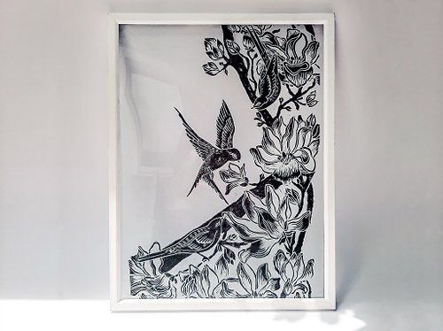 daashart 有機玻璃 linocut 印刷玉蘭花鳥牆藝術黑色植物