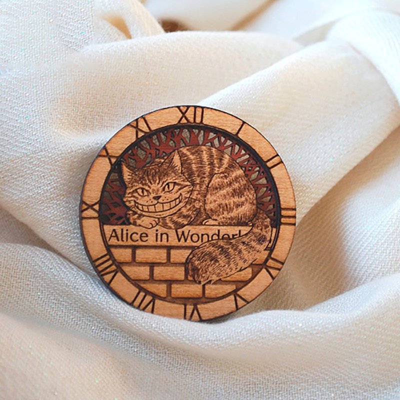 Cheshire Cat Wooden Brooch Large - Brooches - Wood 