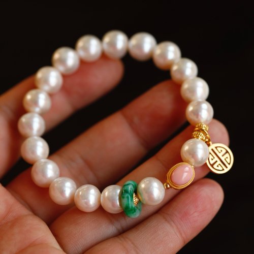 Angel's tears 天使之淚 Jewelry Design 10mm天然原色無加色淡水珍珠 胭脂螺 翡翠轉運環 設計單圈手串s