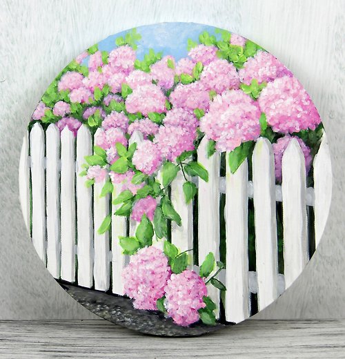 MiliArt 【Hydrangea in the Garden】Original painting on canvas Living Room Decor. Flower