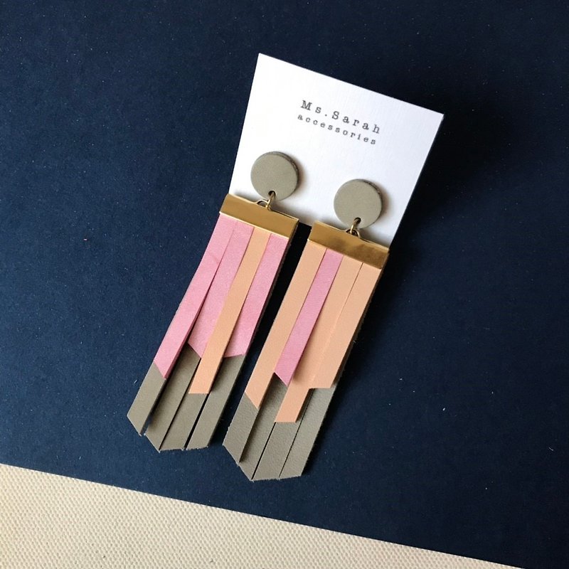 Leather tassel earrings _ works B (can be changed) - Earrings & Clip-ons - Genuine Leather Pink