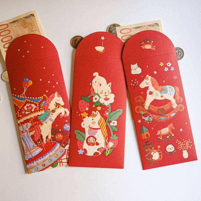 Year of the Horse Red Envelope Set of 3 - Lucky Cats & Horses Assortment - ถุงอั่งเปา/ตุ้ยเลี้ยง - กระดาษ สีแดง