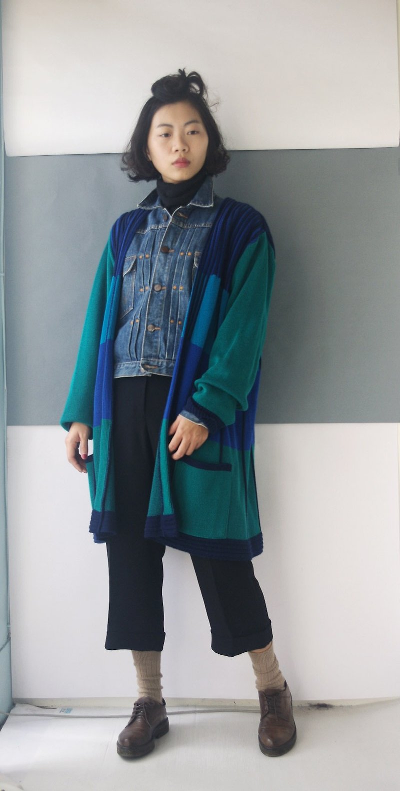 4.5studio-尋寶古著-瑞典製品牌KRISS藍綠色塊針織開襟外套 - 毛衣/針織衫 - 聚酯纖維 藍色