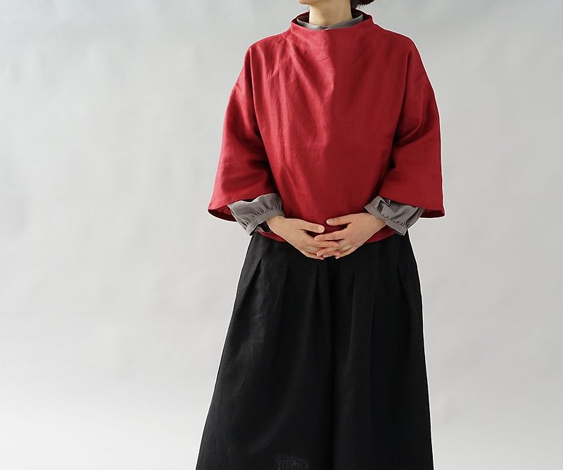 linen / linen shirt / bottle neck / bell sleeve / tops / ruby / t23-9 - Women's Tops - Cotton & Hemp Red