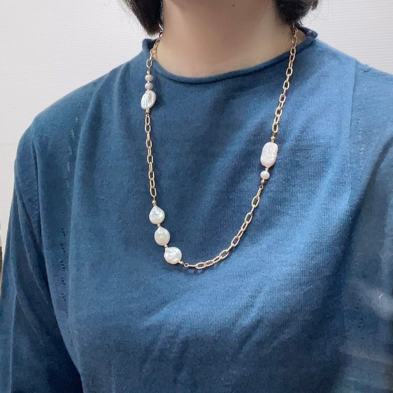 Fashionable and simple white square pearl necklace + bracelet baroque pearl multi-wear 80 cm - สร้อยคอ - ไข่มุก 