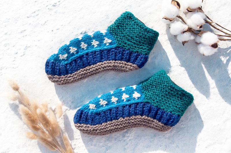 手織純羊毛針織襪/內刷毛條紋襪/羊毛鉤織襪/保暖毛襪-藍色海洋 - 襪子 - 羊毛 藍色